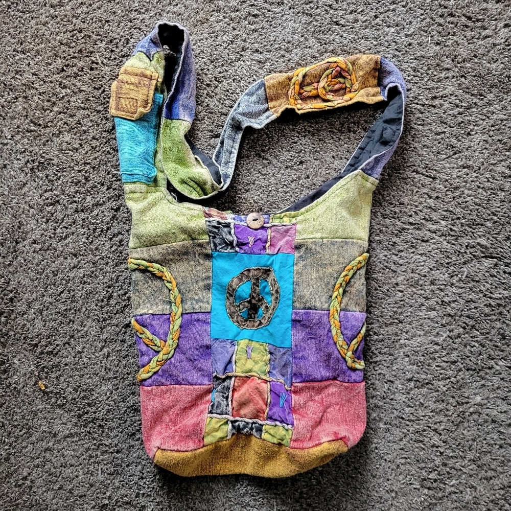 Himalaya Handcraft Multicolor Peace Sign Hobo Bag